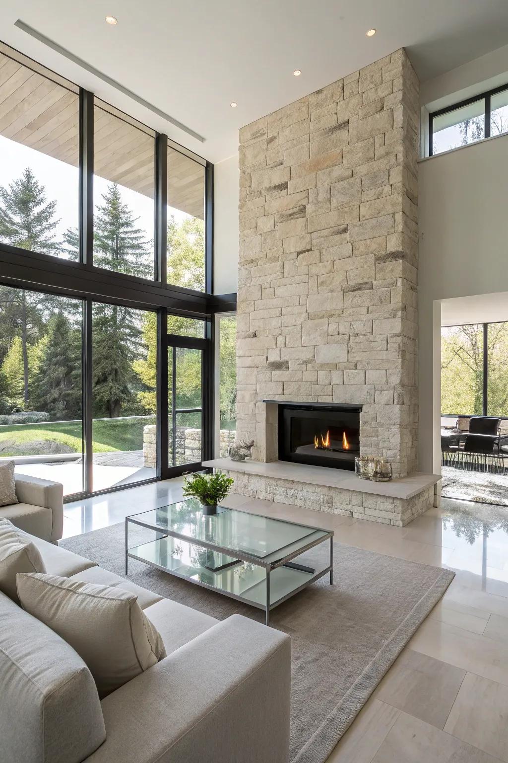 A minimalist light stone fireplace in a sleek modern setting.