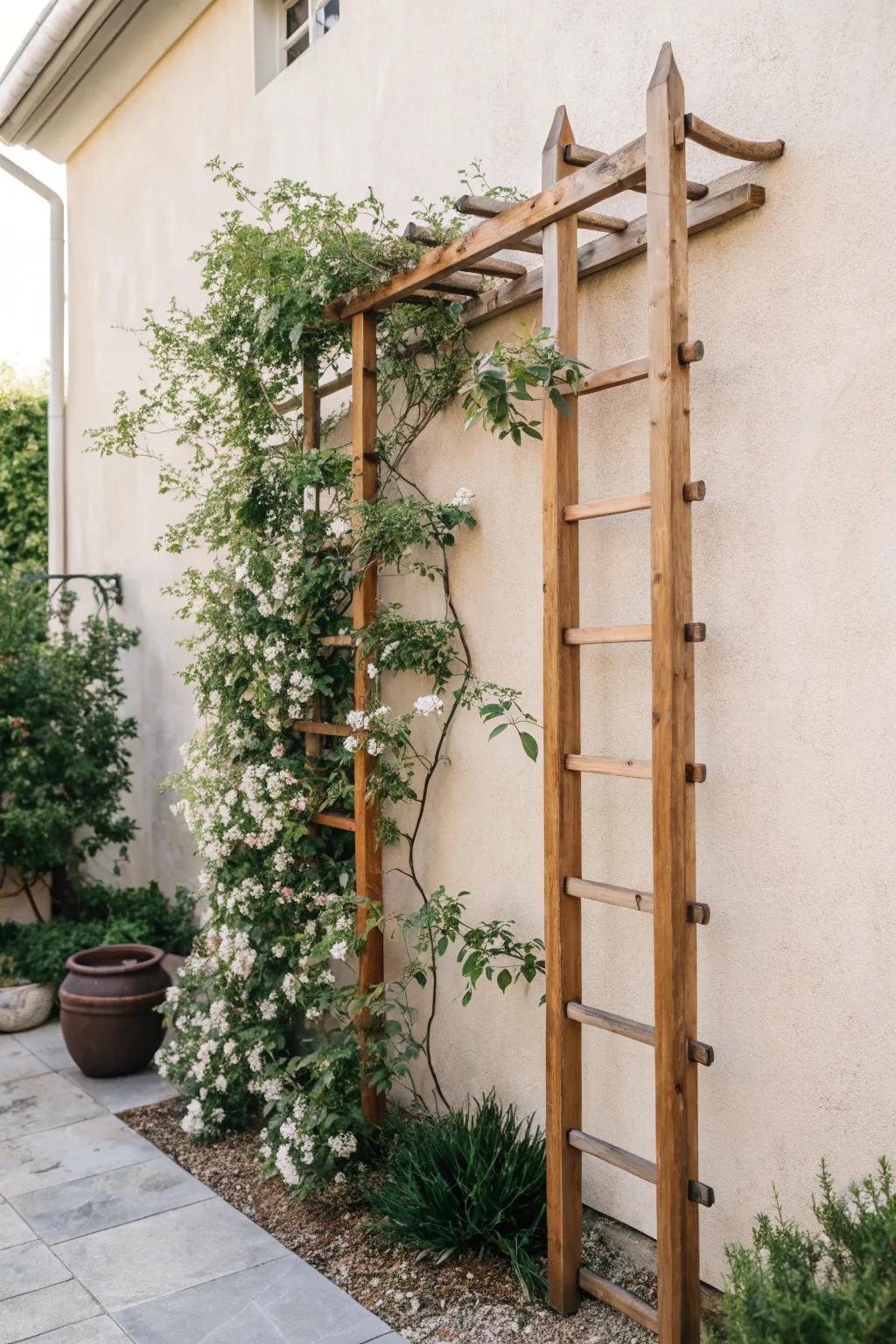 Elevate your patio with the natural beauty of a minimalist trellis adorned with fragrant climbing plants.