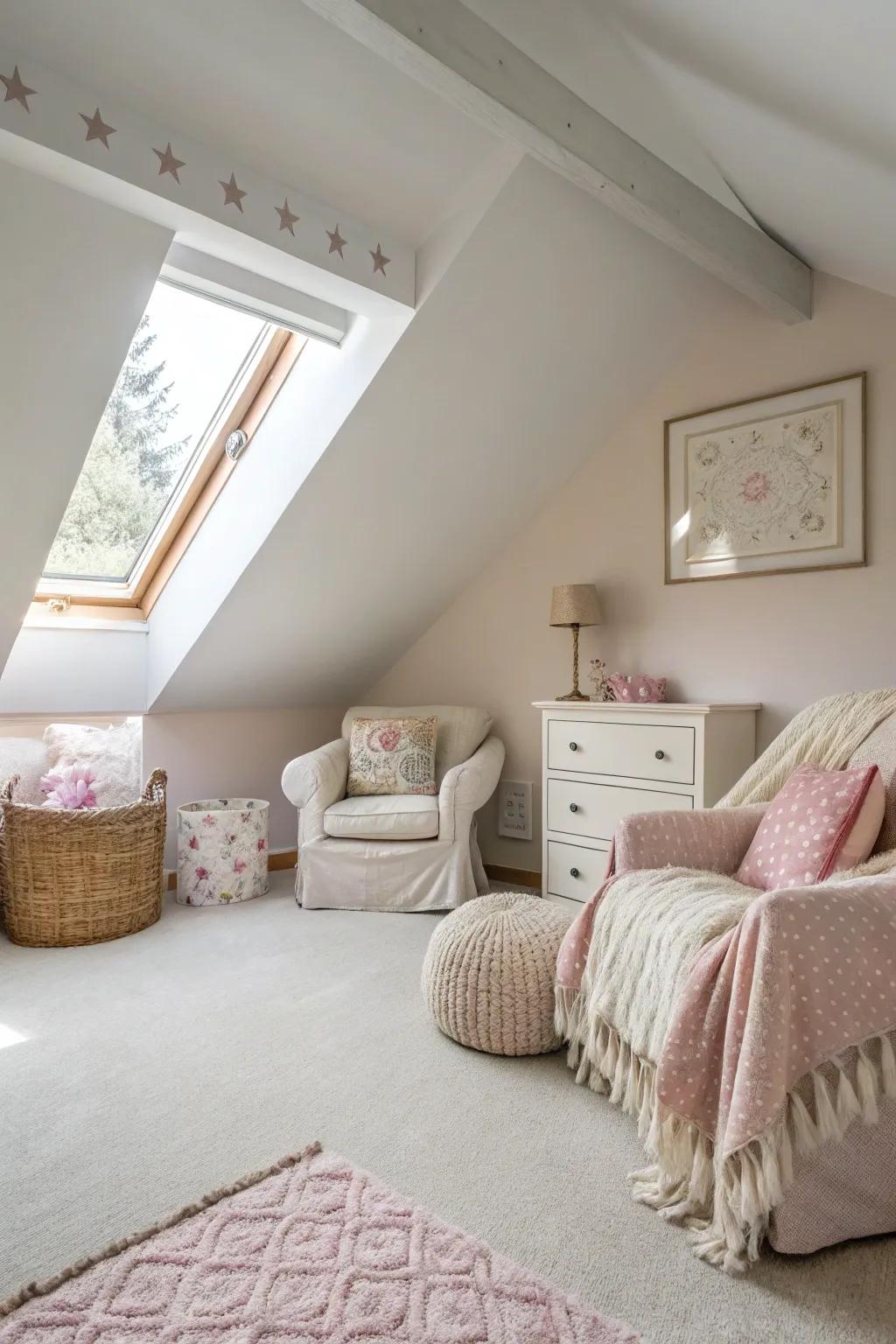 Light colors create an airy and inviting atmosphere in small attic spaces.