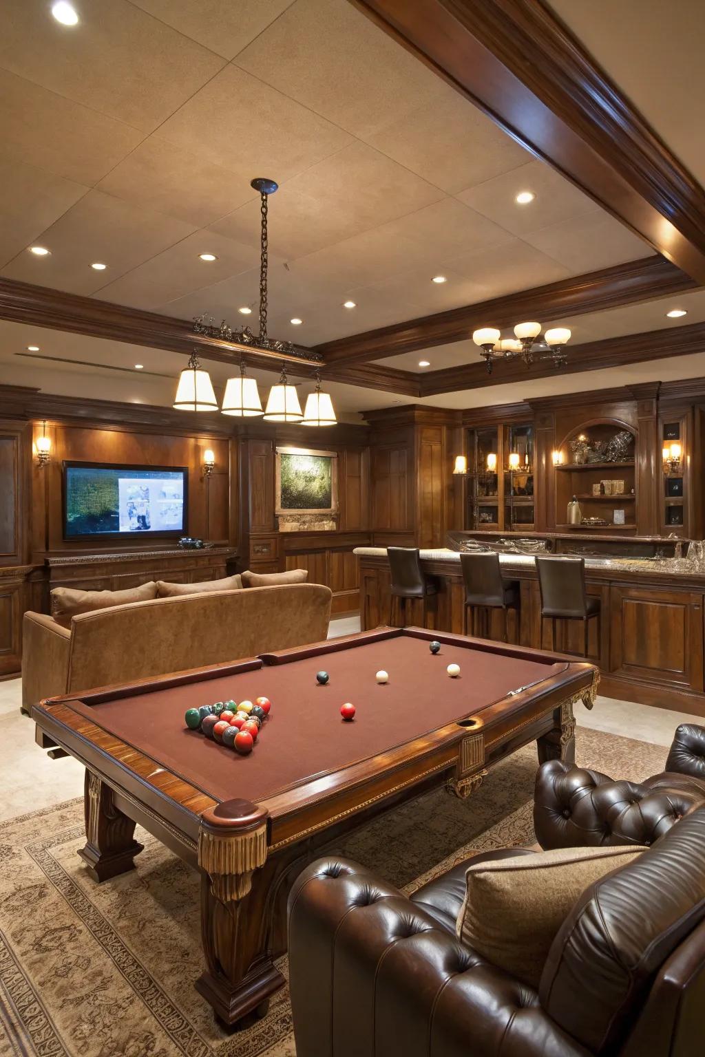 A stunning pool table that serves as the focal point of a luxury game room.