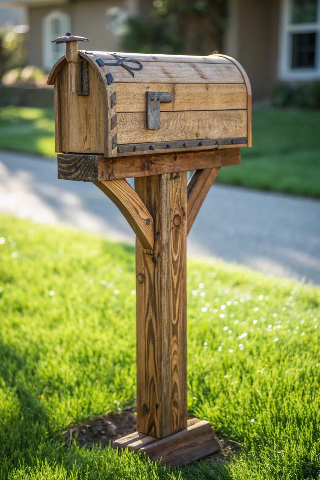 Embrace rustic charm with a handcrafted wooden mailbox post that tells a story of timeless elegance.