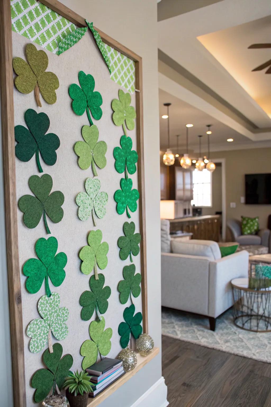 A bulletin board adorned with a variety of green shamrocks.