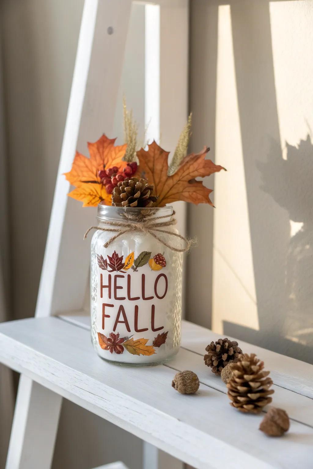 Welcome autumn into your home with this charming 'Hello Fall' mason jar design, blending minimalist elegance with boho warmth.