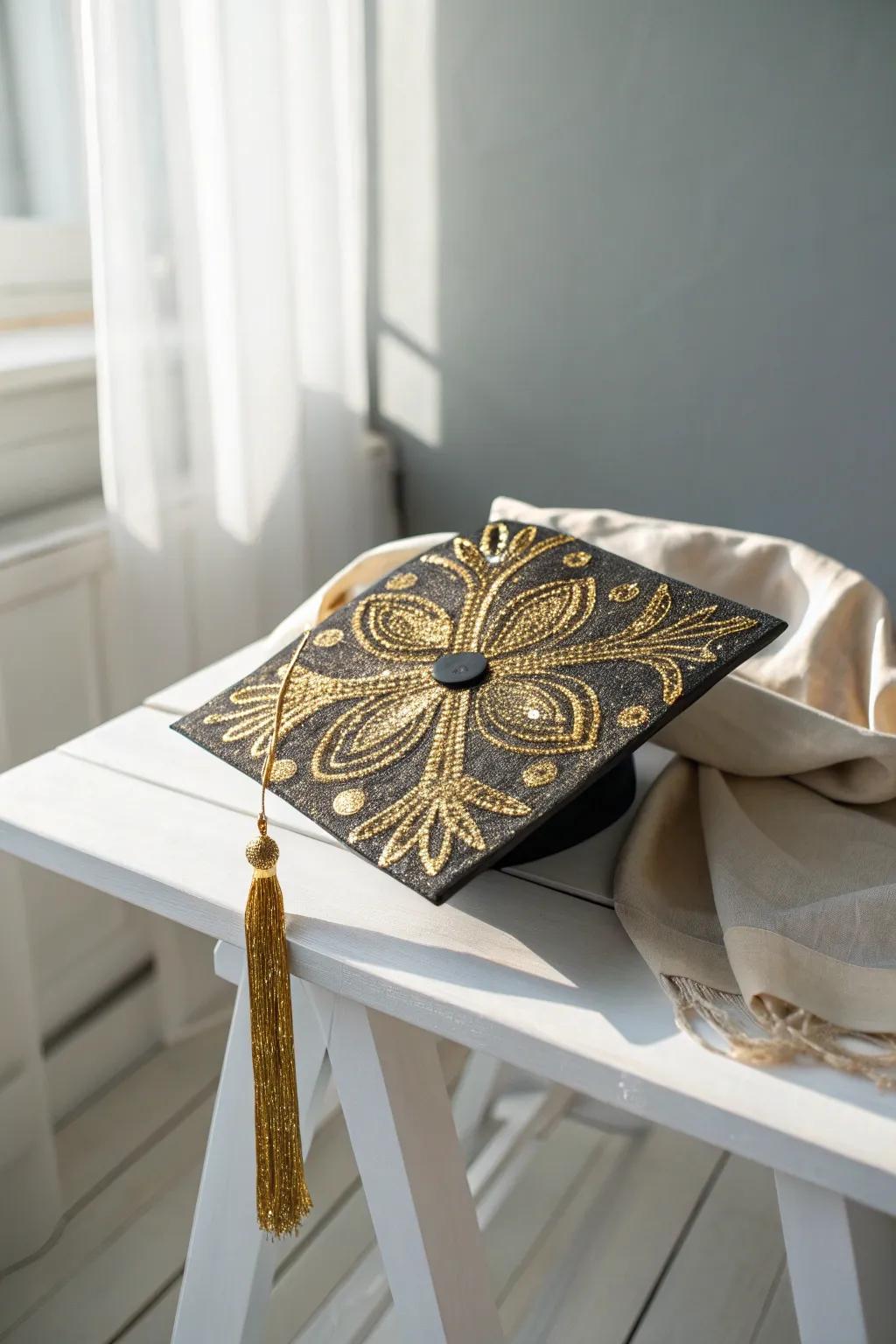 Add a touch of magic to your graduation with a shimmering gold glitter cap, where minimalism meets elegance.