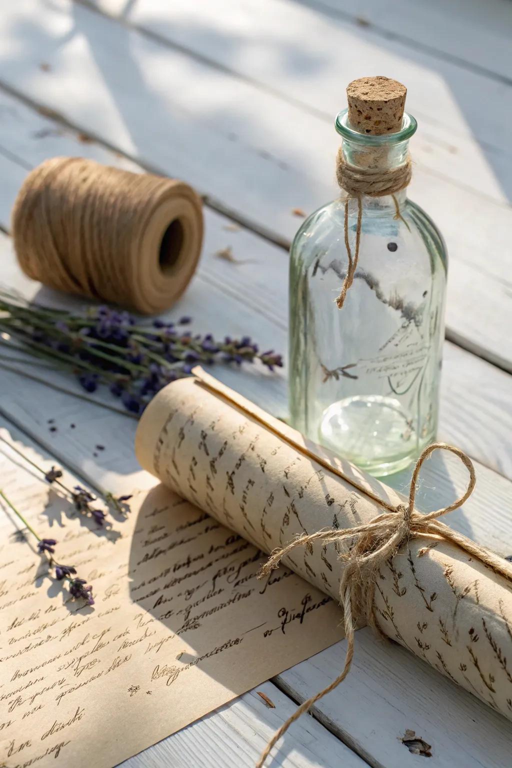 Capture timeless romance with a vintage love letter in a bottle, where simplicity meets heartfelt elegance.