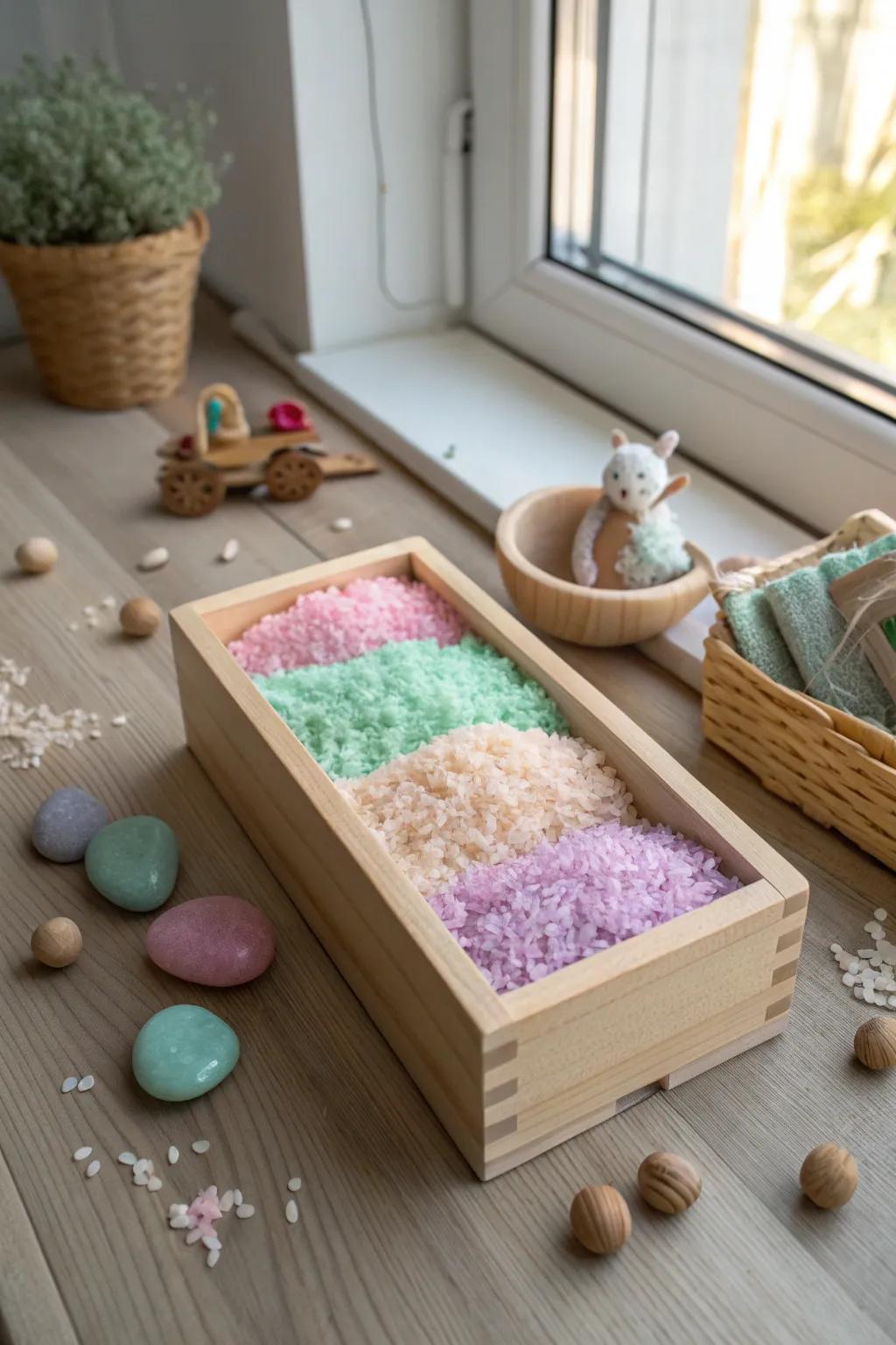 Explore endless creativity with our colorful sensory rice bin – a minimalist's delight!