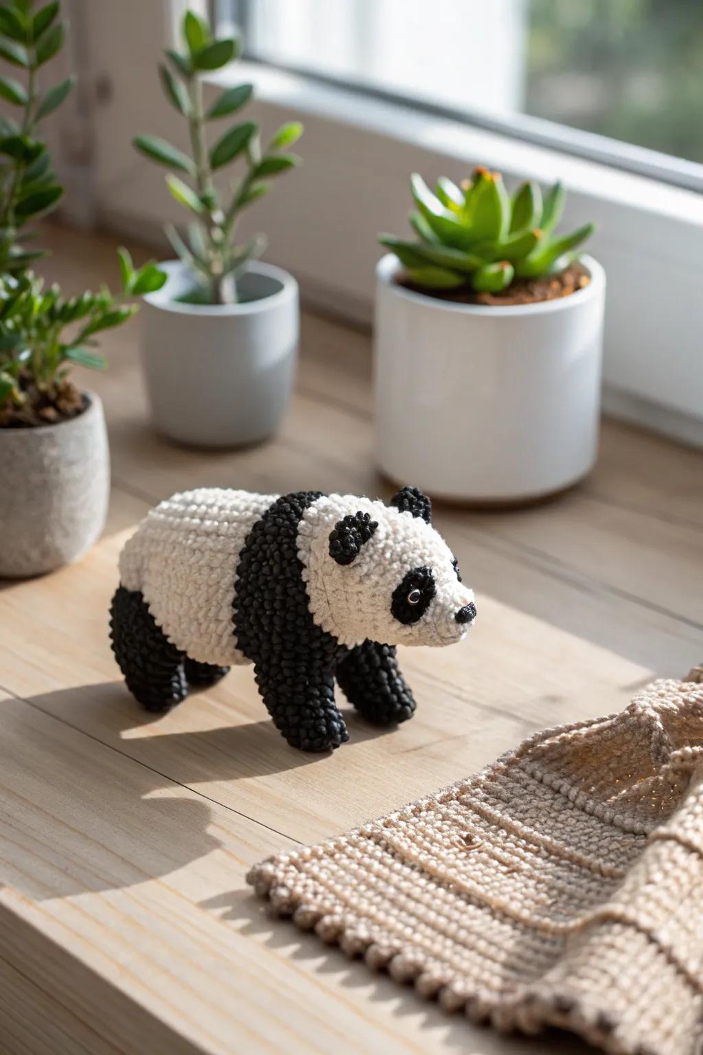 Discover the charm of a miniature perler bead panda, where simplicity meets whimsical artistry in a serene Scandinavian setting.