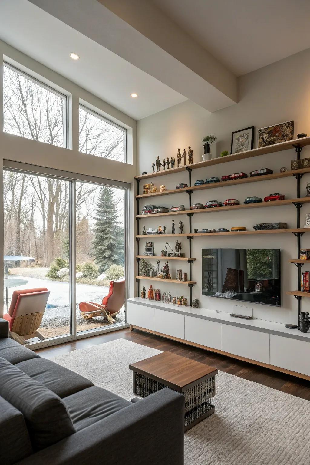 Elegant shelving units highlight a collection of miniatures.