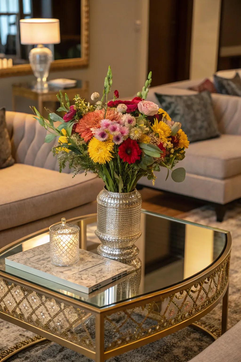 Fresh flowers bring life and color to your mirror coffee table setup.