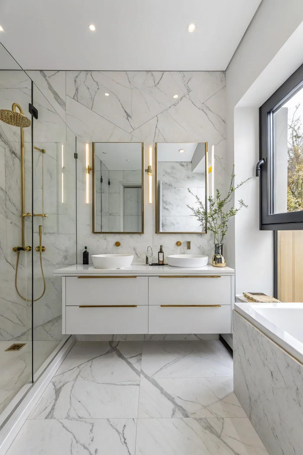 A modern bathroom with luxurious marble surfaces and gold fixtures.