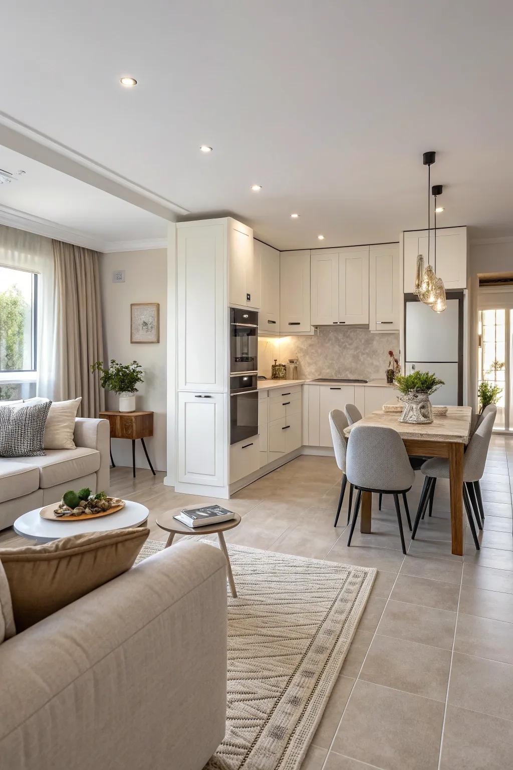 An open kitchen that flows effortlessly into the dining and living spaces.