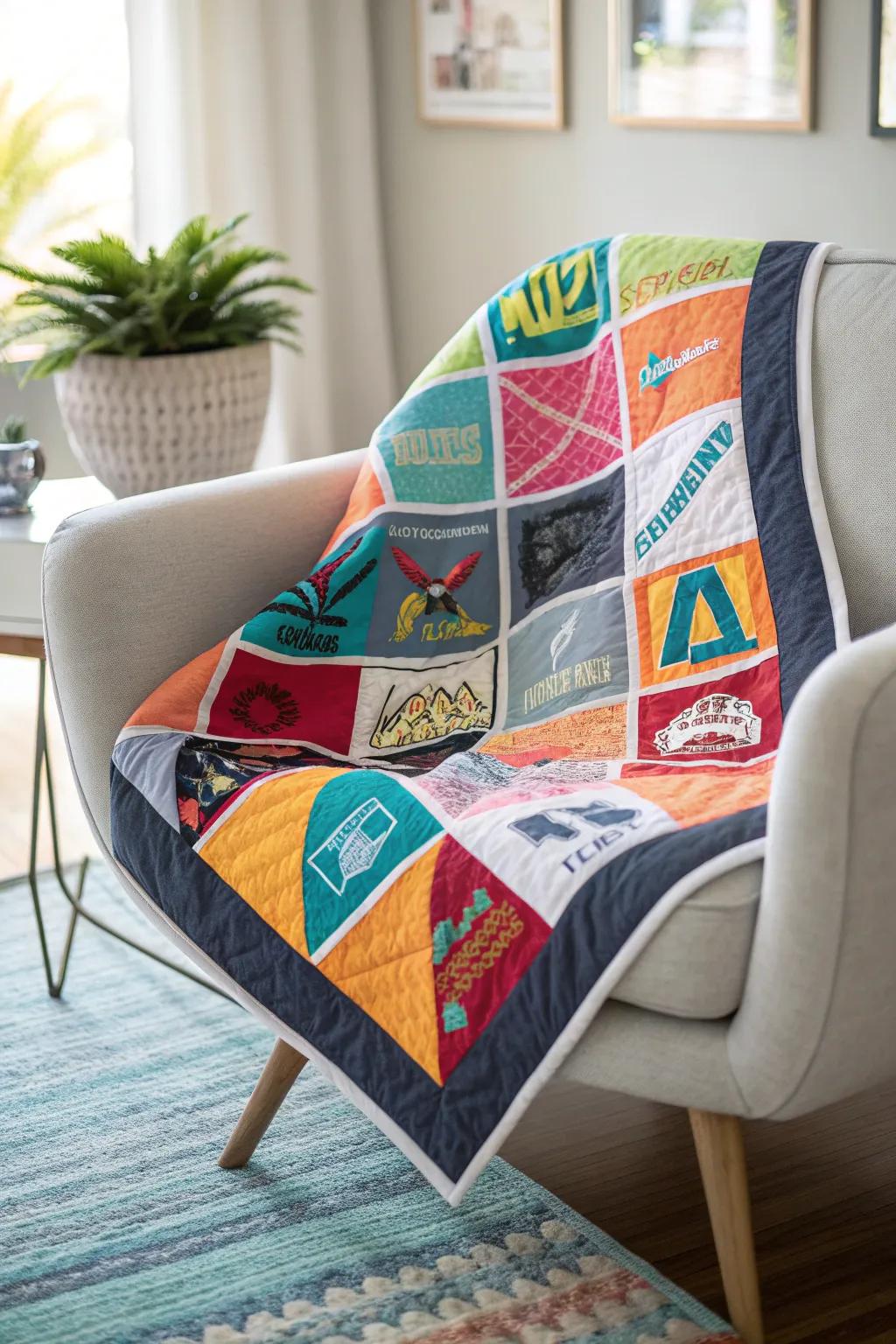 Embrace the colorful chaos with a vibrant t-shirt quilt that brings warmth and personality to your space.