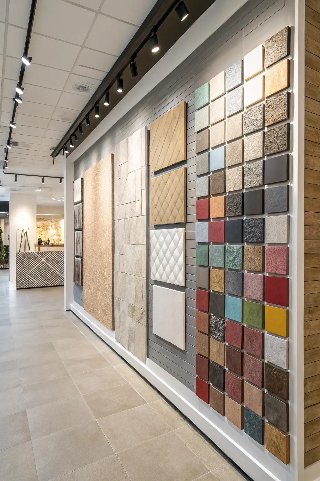 Vertical displays showcasing a variety of tile textures and colors.