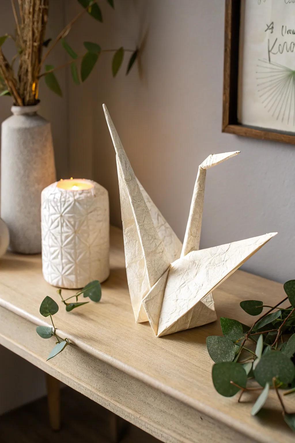 Embrace simplicity and charm with this beautifully crafted origami crane, a symbol of hope and good fortune.