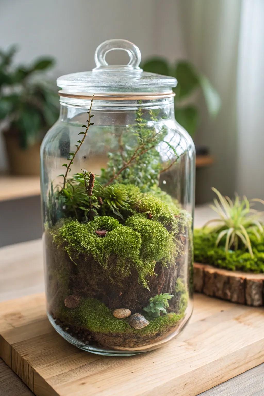 Embrace the timeless beauty of nature with a classic glass jar terrarium.