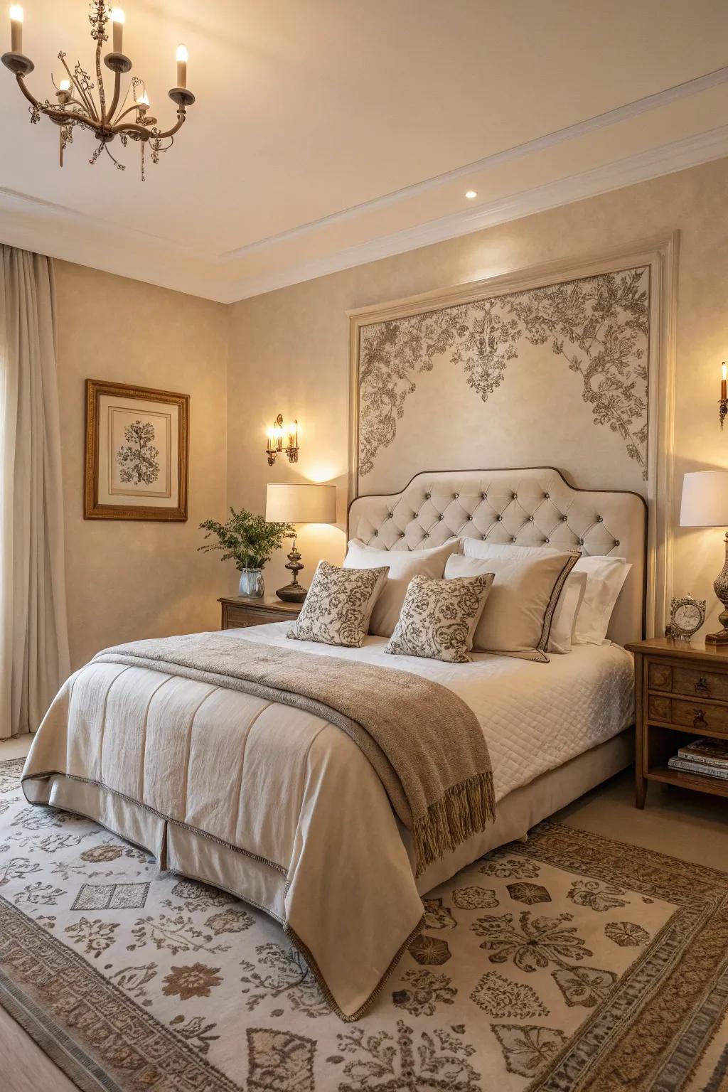 A calming bedroom featuring a neutral color palette for a serene atmosphere.