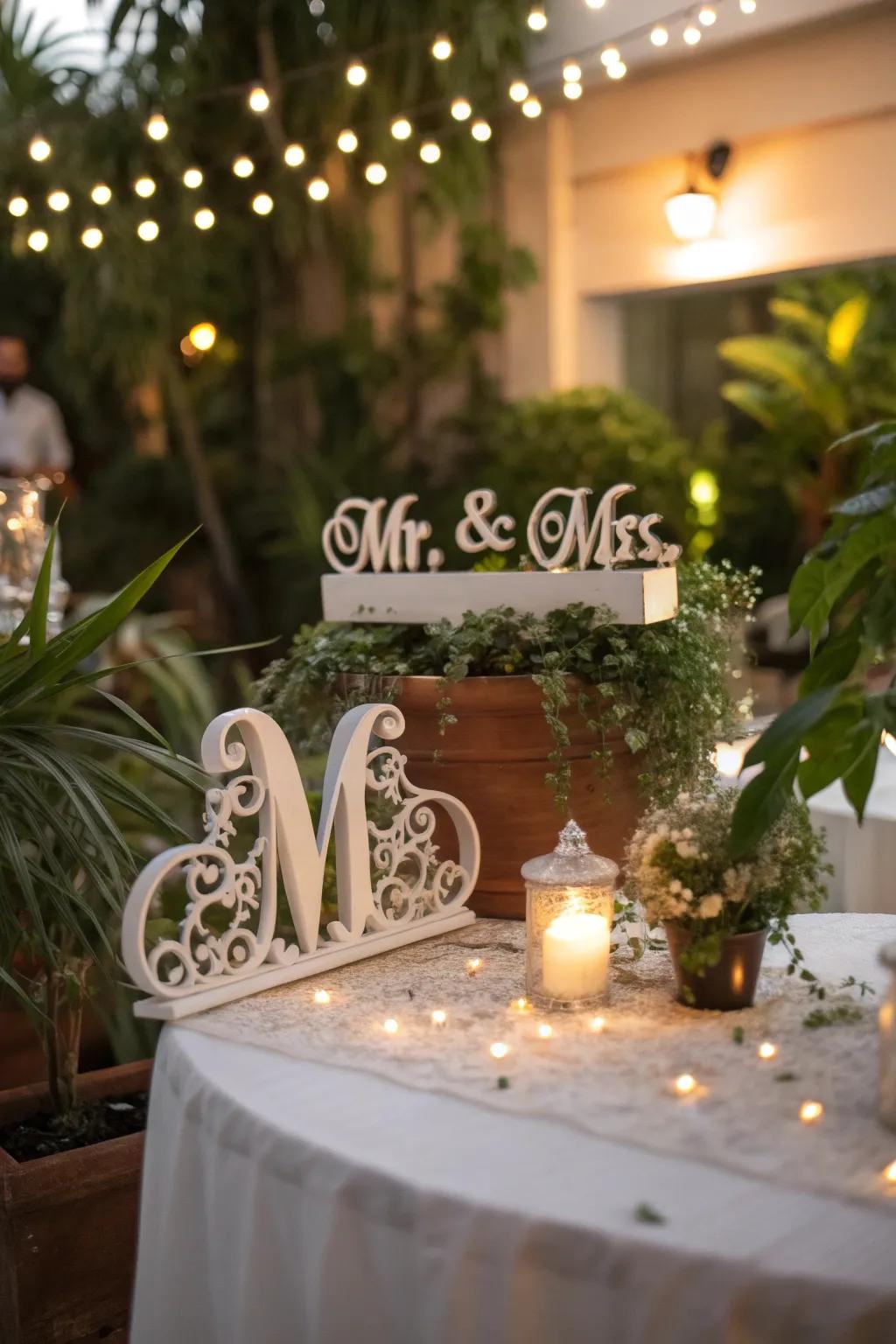 A sophisticated Mr. & Mrs. sign as the table's focal point.