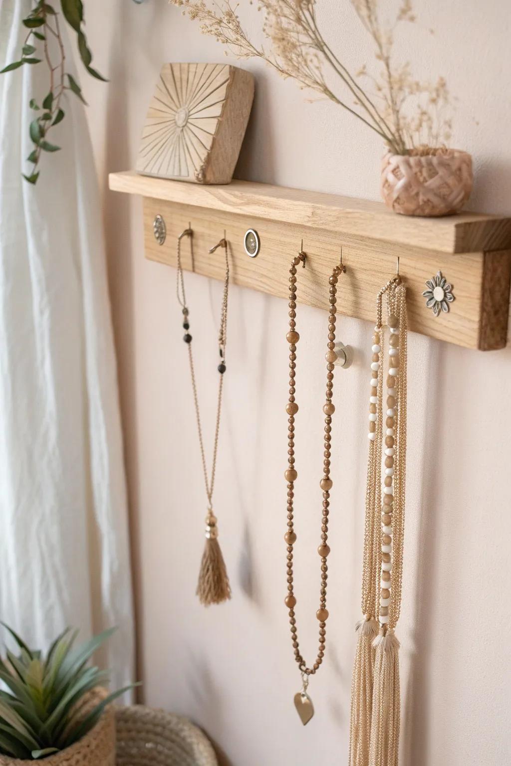 Transform your necklaces into a chic wall display with this Scandinavian-inspired rack, blending minimalist elegance with boho charm.