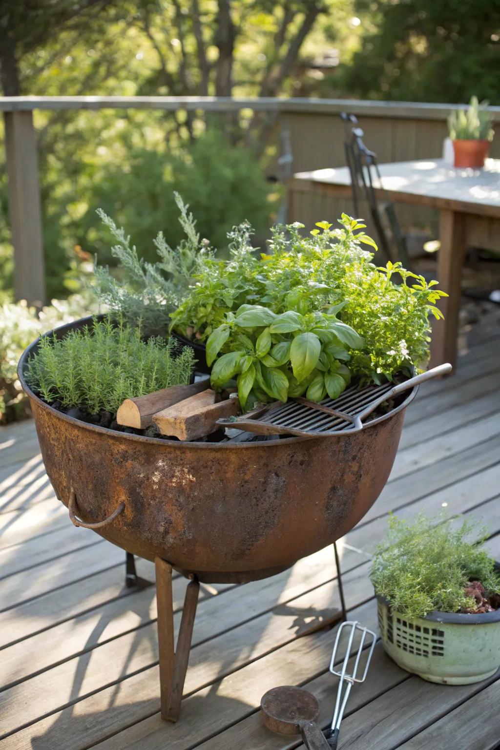 Old grill, new life: A rusted beauty transformed into a thriving herb garden.