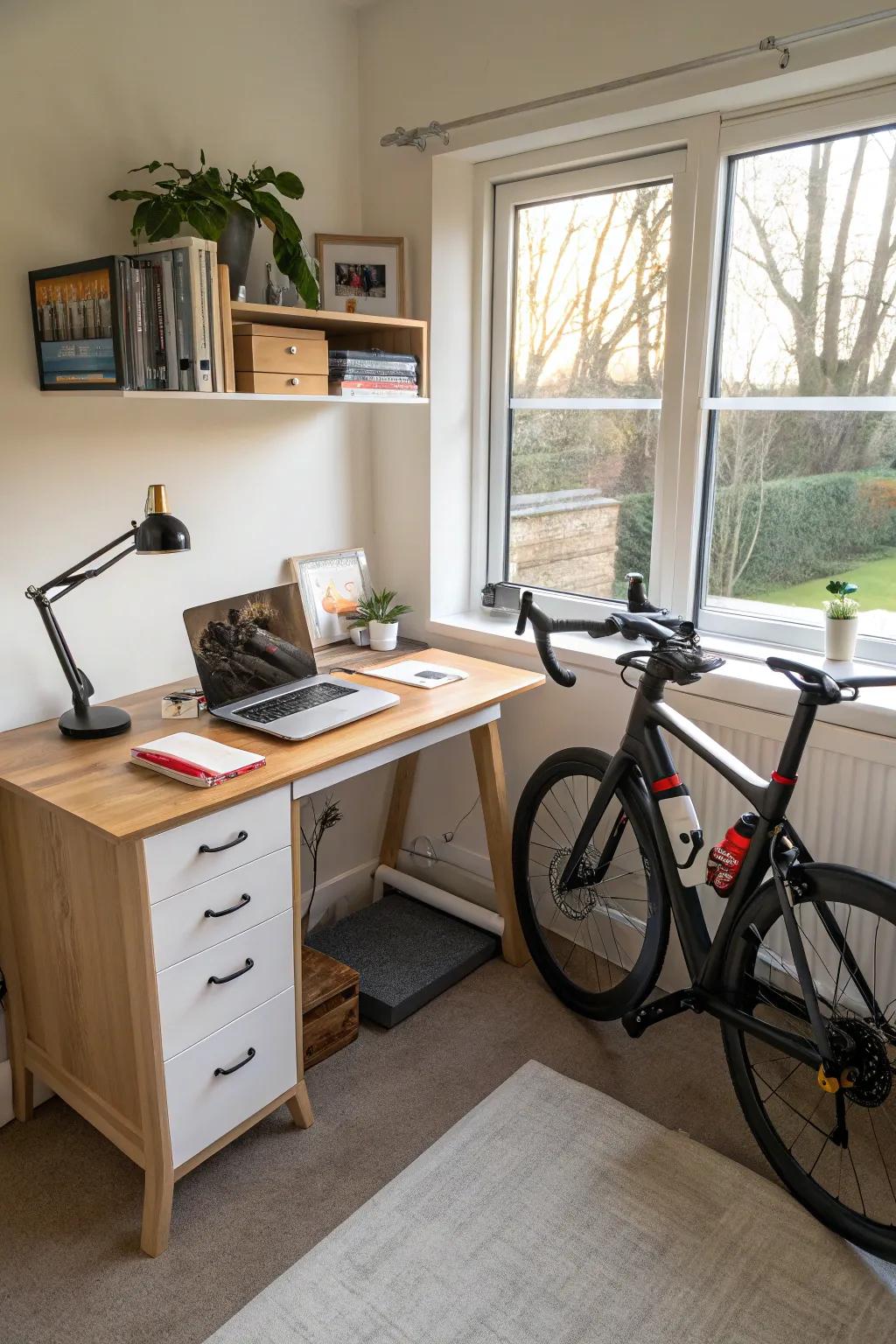 A cozy corner that doubles as your workspace and workout area.