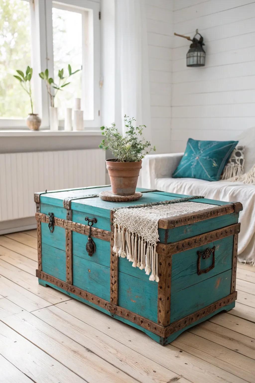 Transform your space with a pop of vibrant color! This bold turquoise trunk is the perfect statement piece for a minimalist boho vibe.