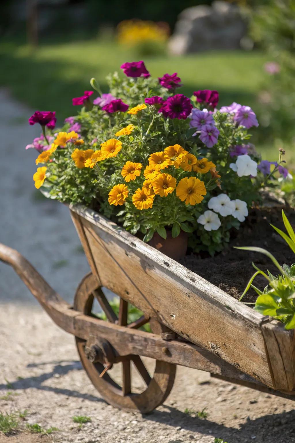 Revive the charm of your garden with a rustic wheelbarrow flower planter.