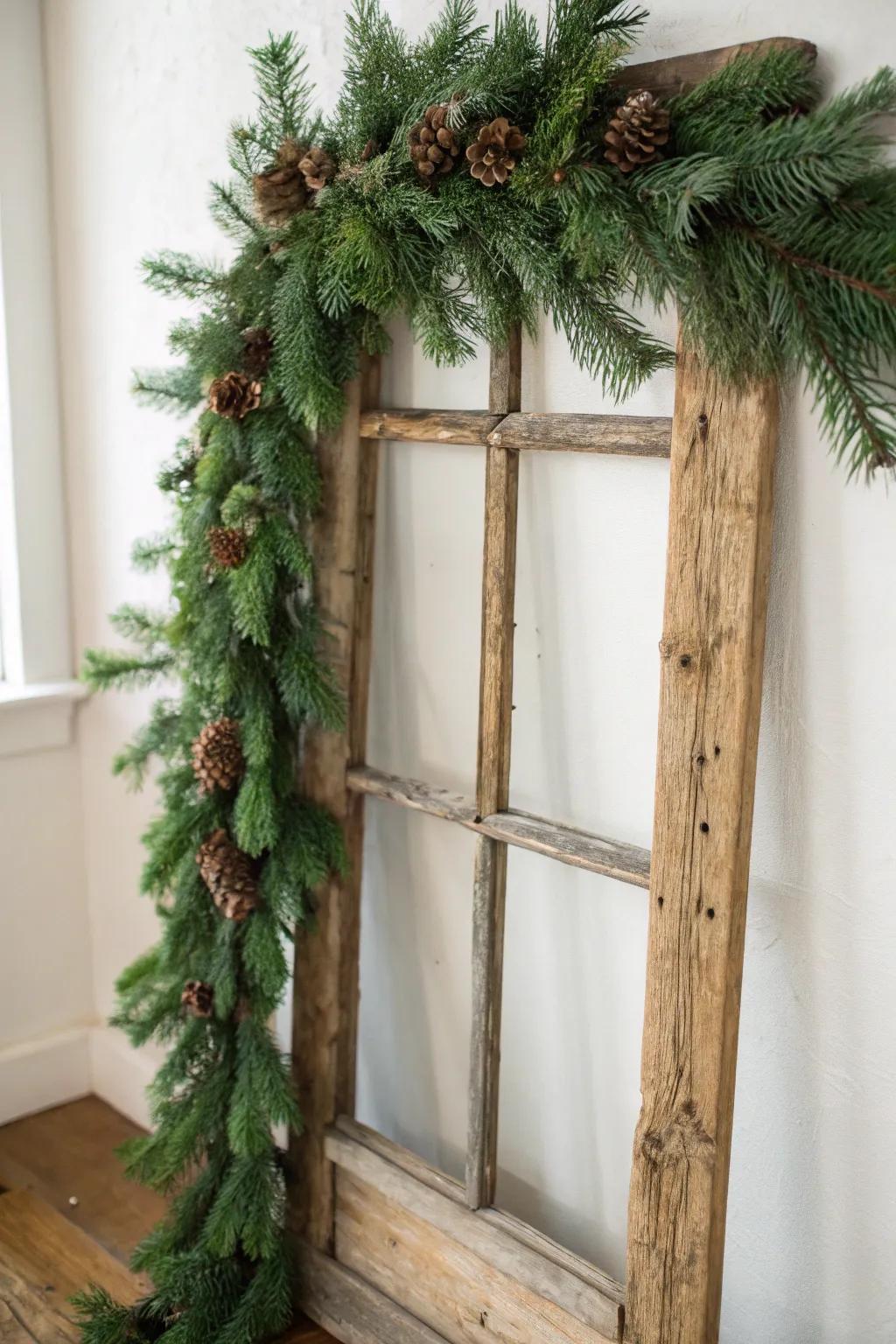 Embrace the simplicity of the season with a rustic window frame adorned with lush, fragrant greenery.