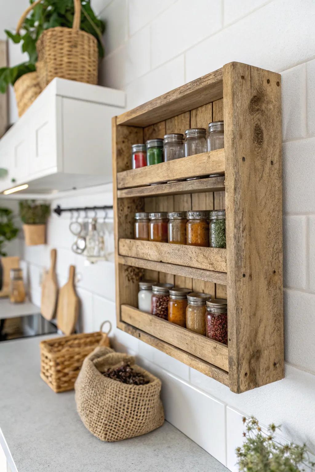 Transform your kitchen with this charming rustic spice rack made from a vintage wooden box, blending simplicity and natural beauty.