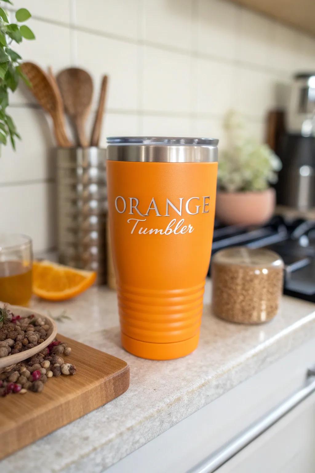 Personalize your orange tumbler with your name for a unique touch.