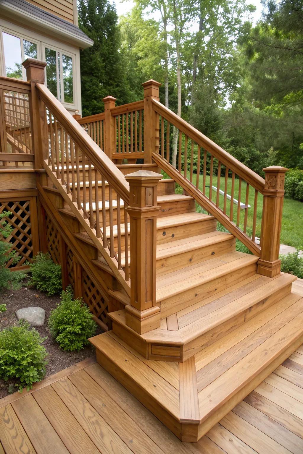 Step into classic charm with beautifully crafted wooden deck stairs.