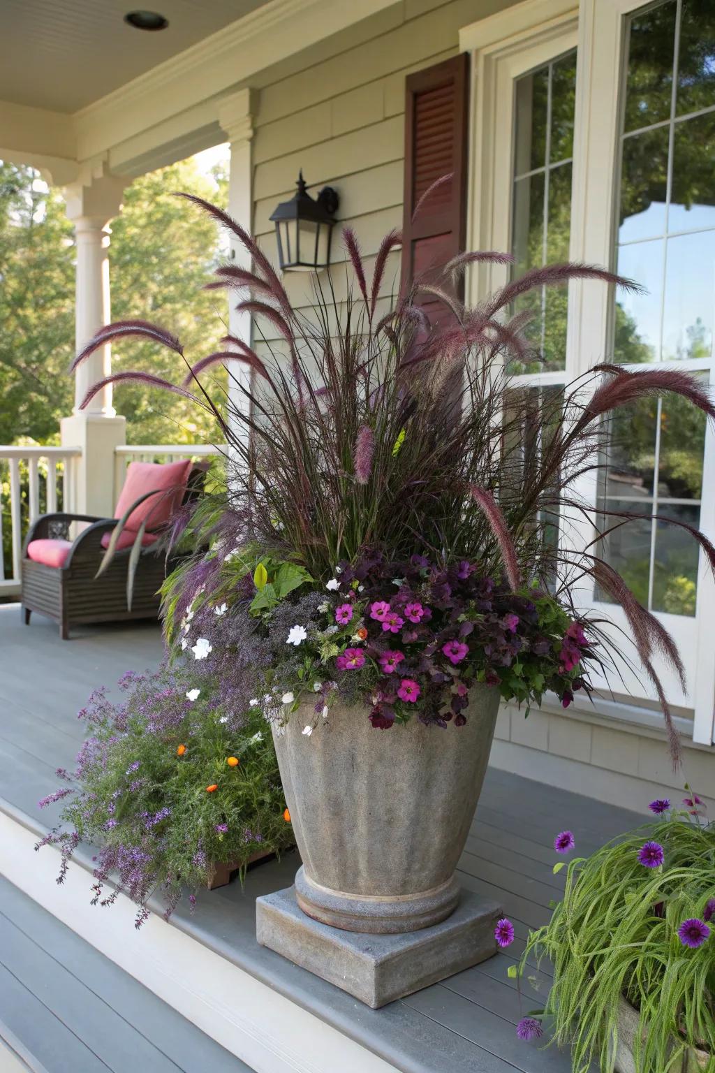 Purple Fountain Grass standing tall and proud in a porch planter.
