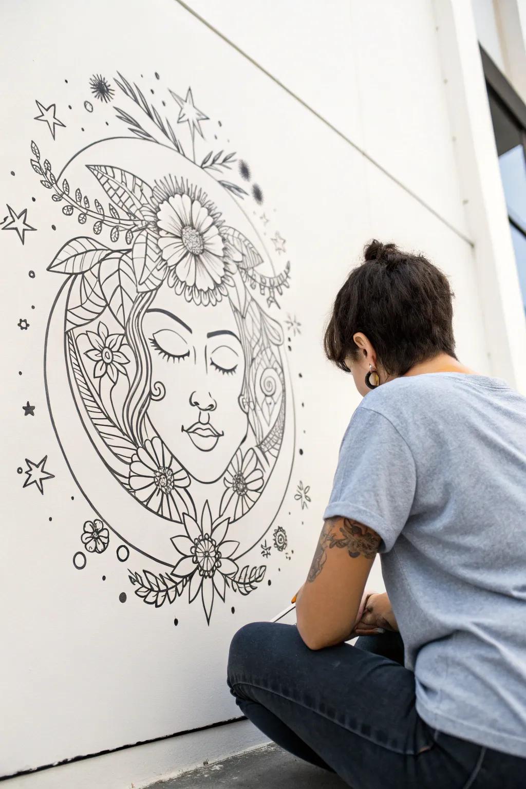 Escape into a dream world with this surreal celestial face, where stars and flowers intertwine in minimalist elegance.