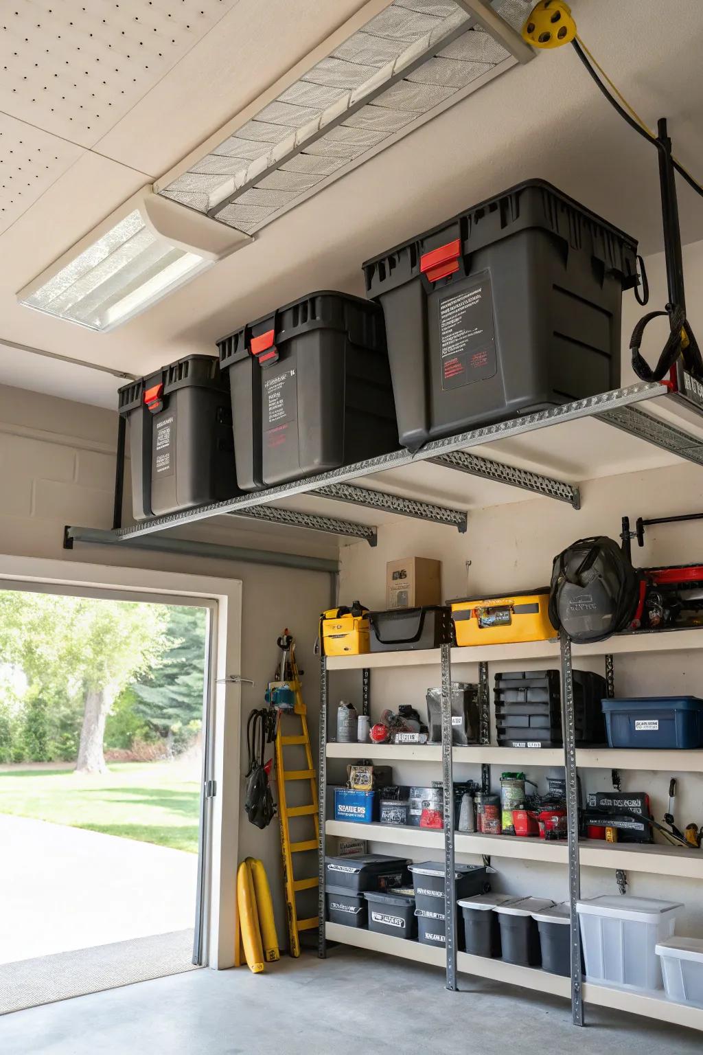 Utilize ceiling shelves to keep your garage organized and clutter-free.