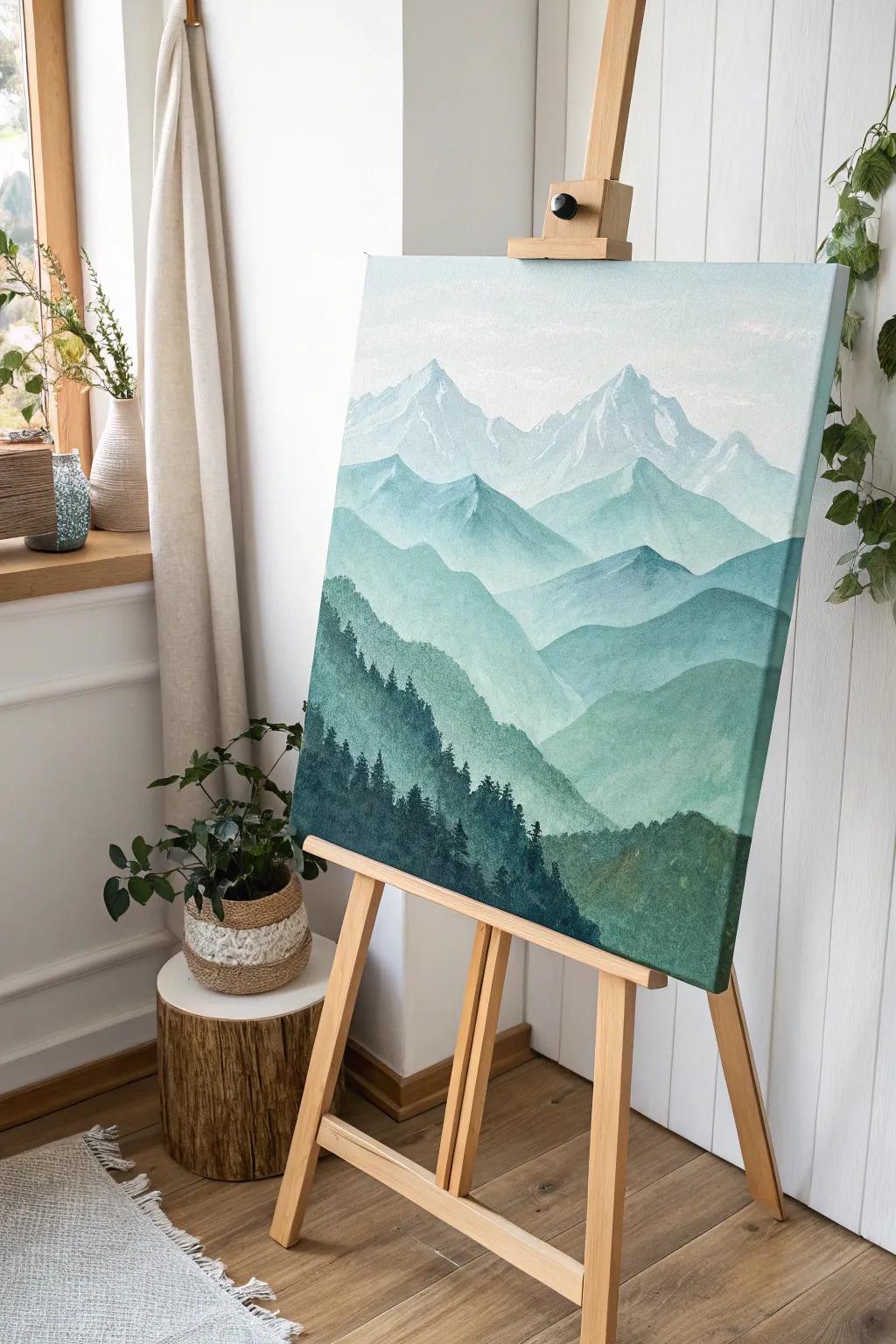 Find tranquility in the serene layers of a majestic mountain landscape painting.