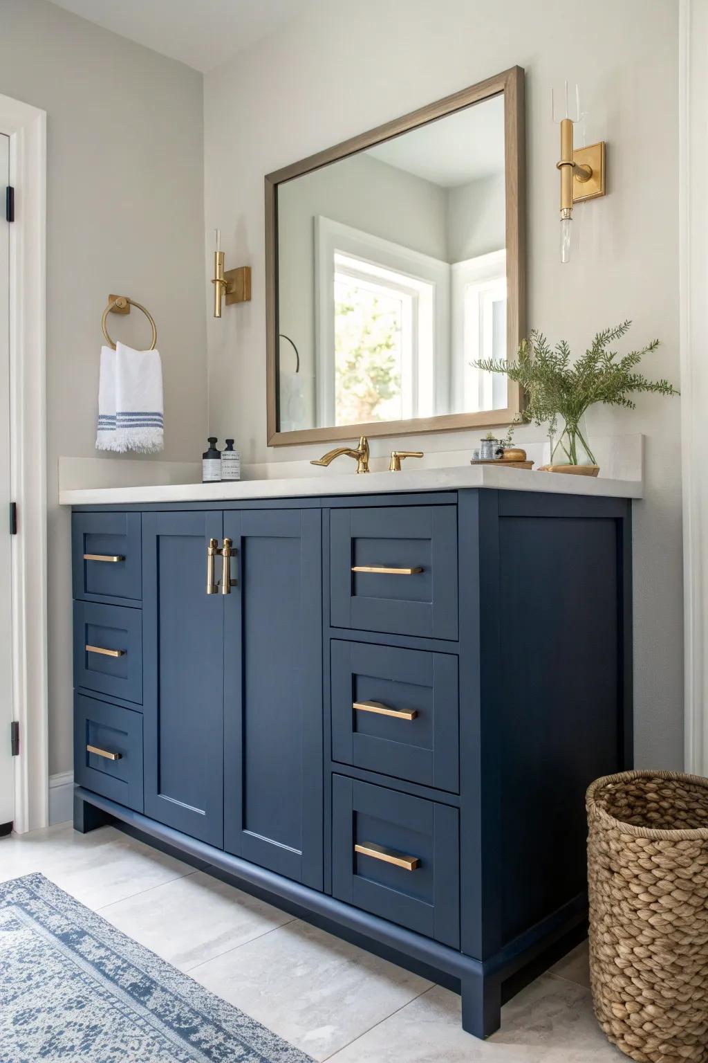 Elevate your bathroom with the timeless elegance of navy blue cabinets. A perfect blend of minimalism and boho charm.