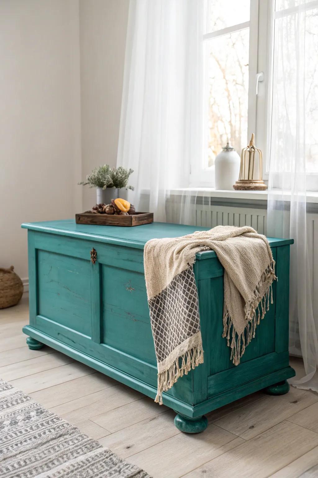 Transform your space with a bold color pop—this teal cedar chest is a stunning centerpiece!