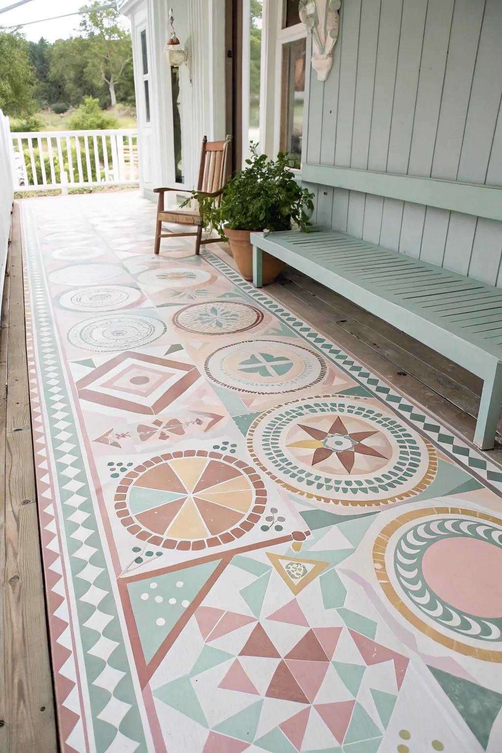Transform your porch into a modern masterpiece with stunning geometric floor patterns. A touch of elegance and simplicity awaits.