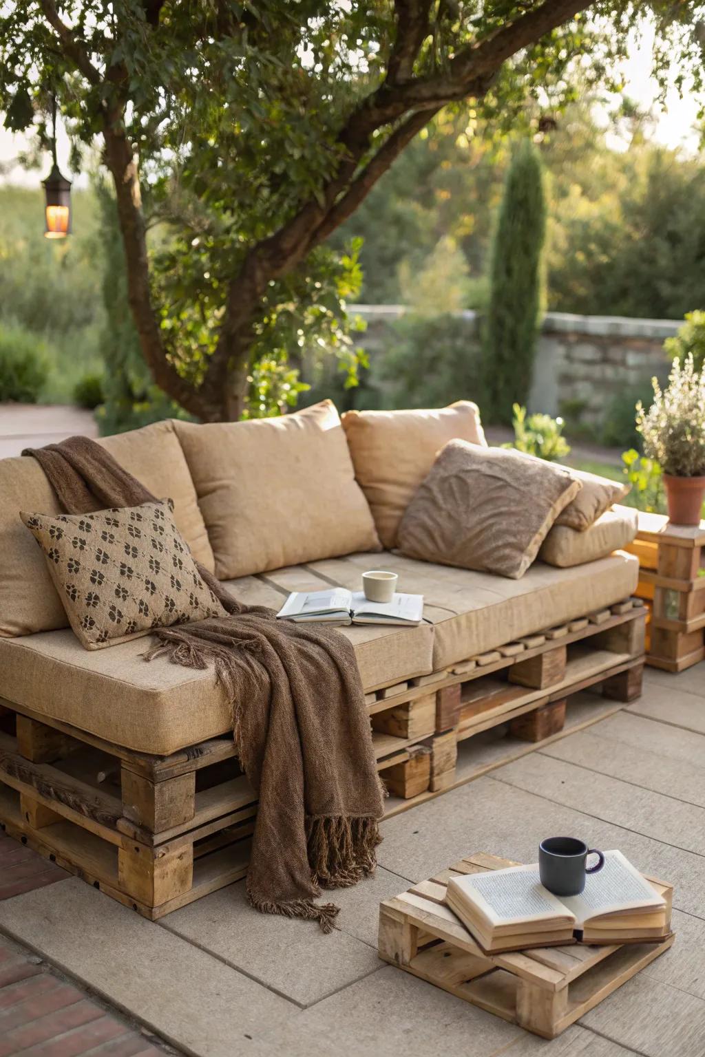 Embrace outdoor serenity with this handcrafted pallet sofa, the perfect blend of comfort and rustic charm.