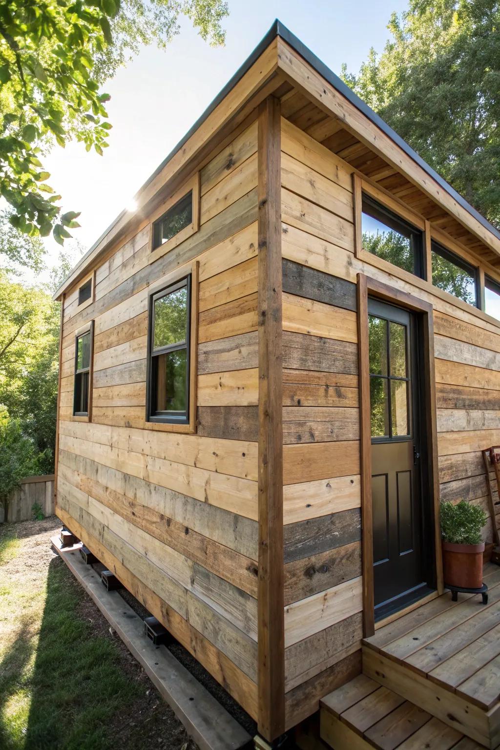 Craftsmanship at its finest: Transform your tiny home with the rustic charm of pallet wood siding.