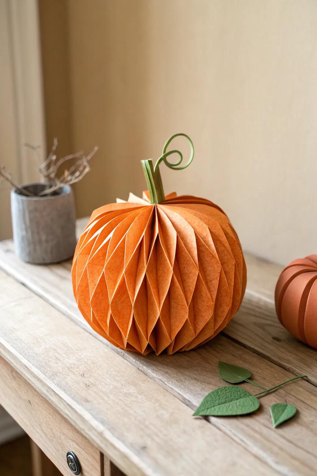 Embrace the charm of handcrafted elegance with this minimalist paper pumpkin, perfect for a sustainable Halloween decor.