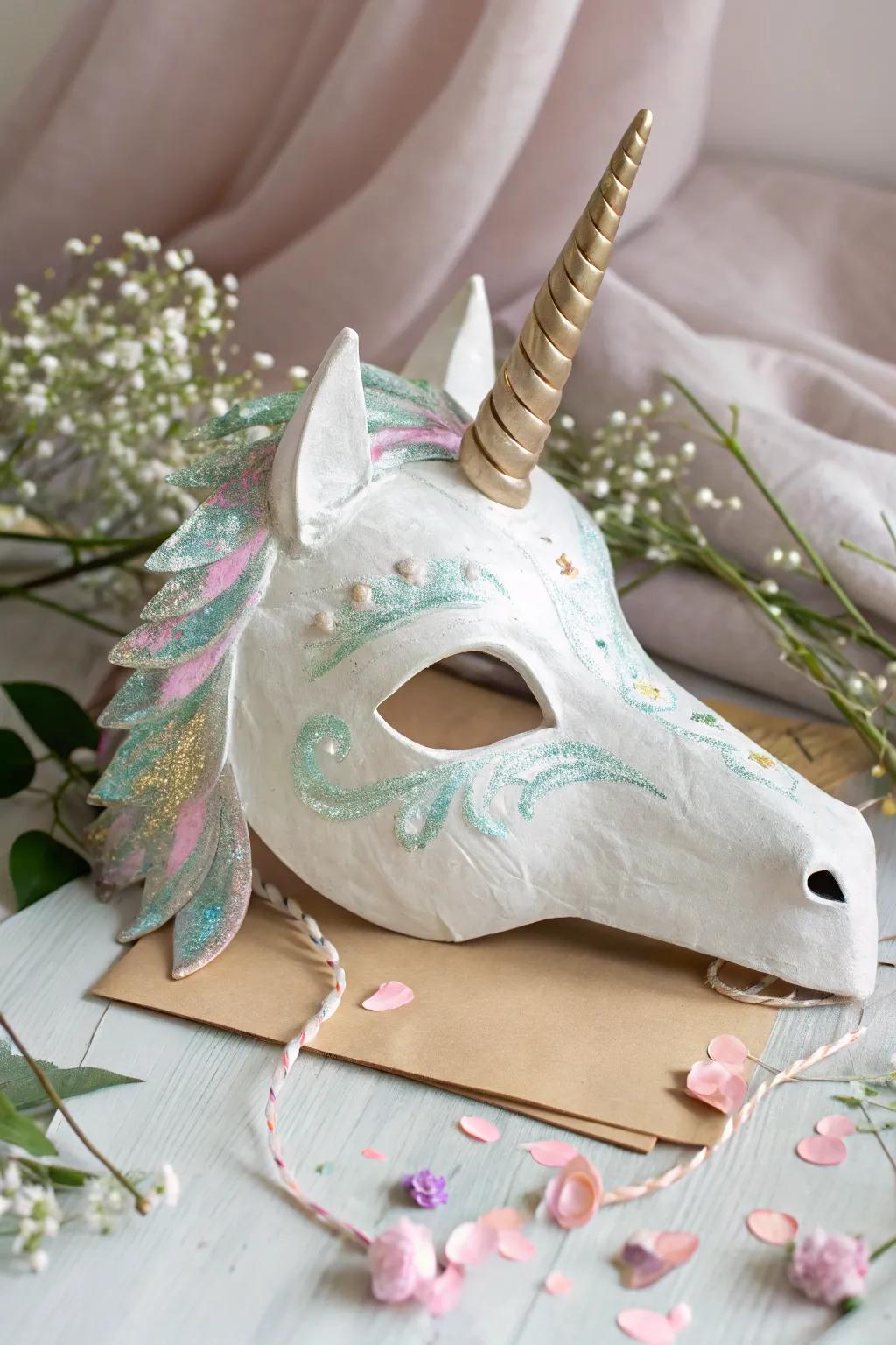 Embrace your mystical side with this enchanting paper mache unicorn mask, perfect for adding a touch of magic to any occasion.