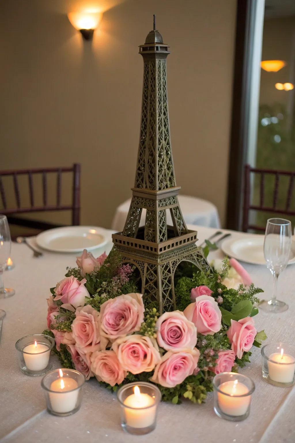 A centerpiece featuring an Eiffel Tower replica, pink roses, and votive candles.