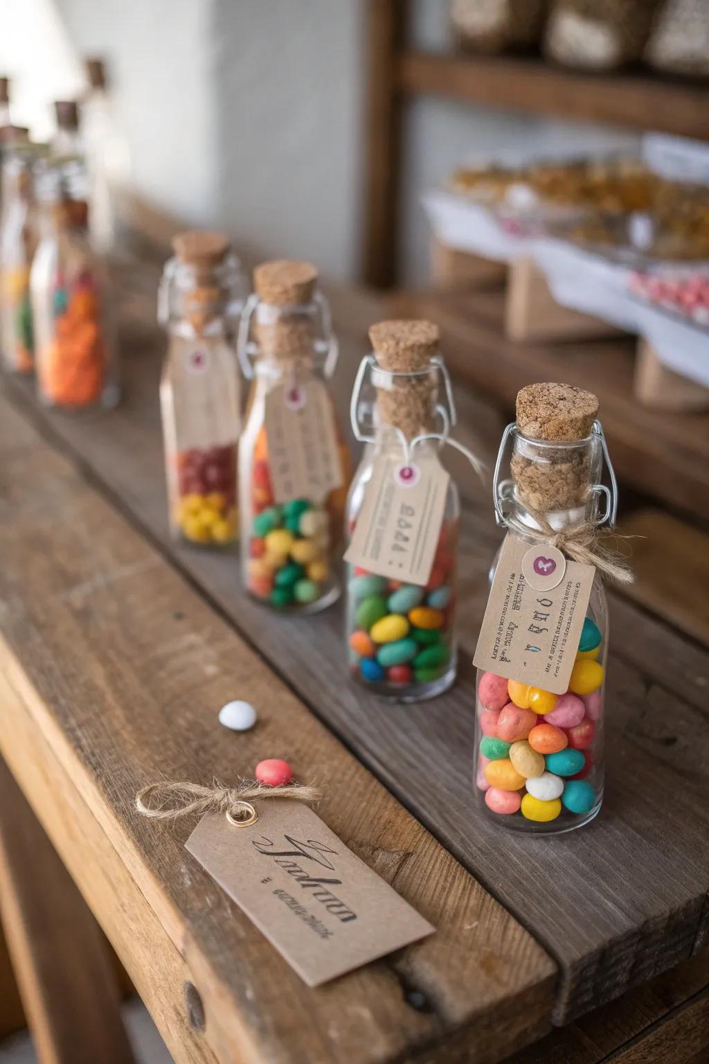 Elegant glass bottles filled with colorful sweets, perfect for a baptism party favor.