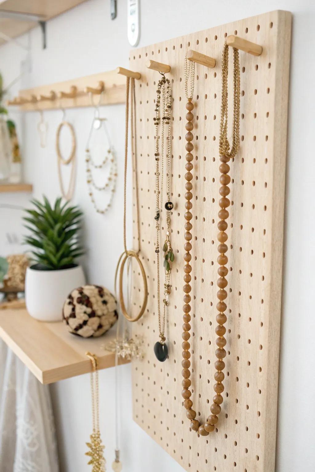 Elevate your jewelry display with a minimalist pegboard design that blends simplicity and style effortlessly.