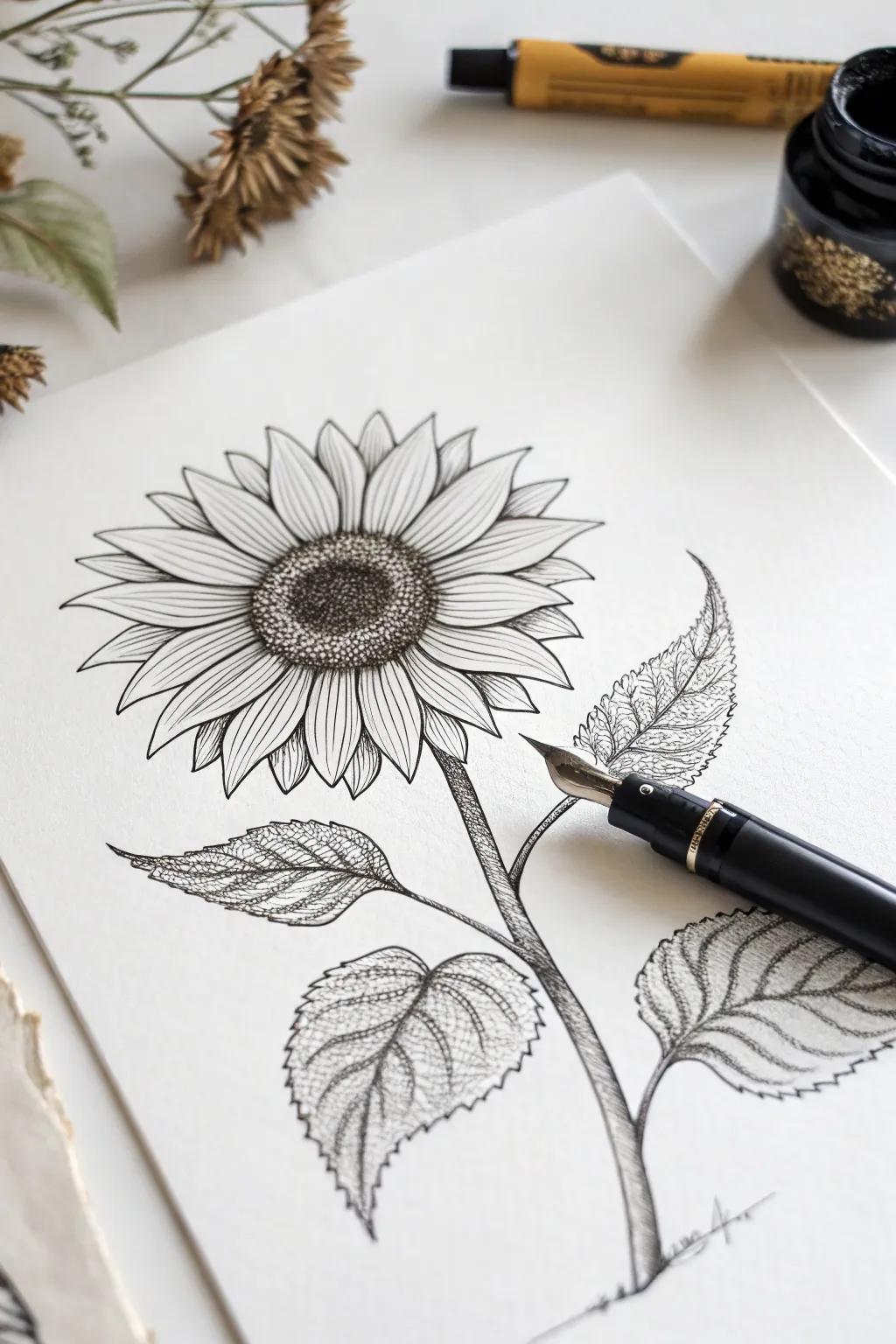 Embrace the magic of summer with this enchanting pen and ink sunflower sketch.