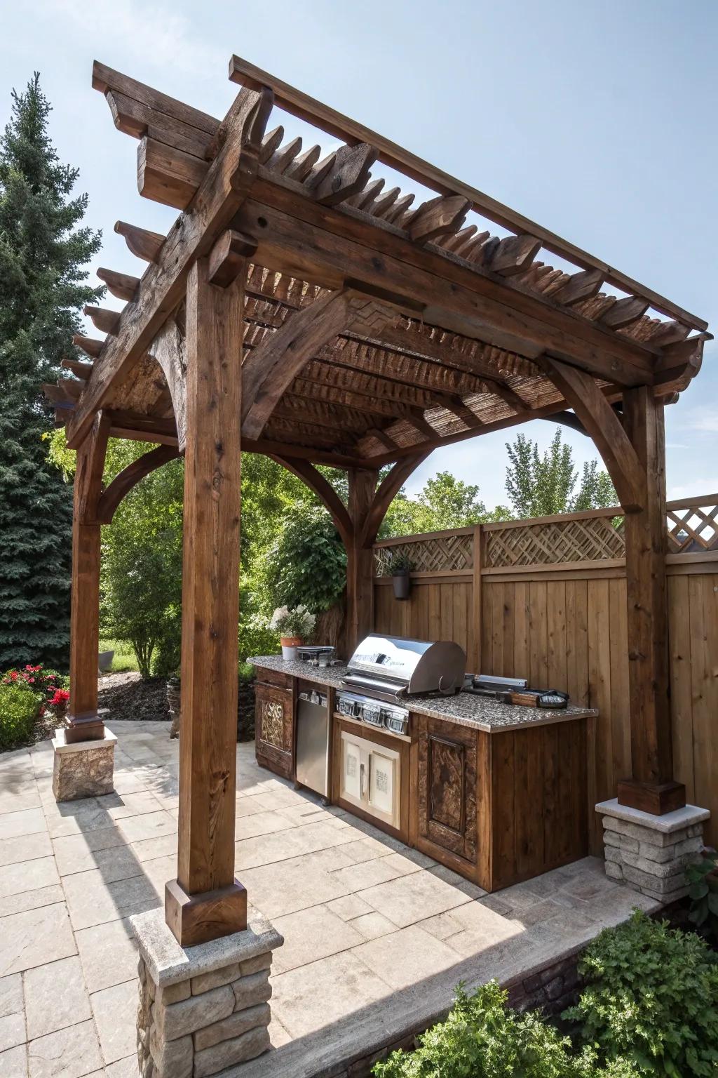 Elevate your outdoor space with a timeless wooden pergola crafted from reclaimed wood.