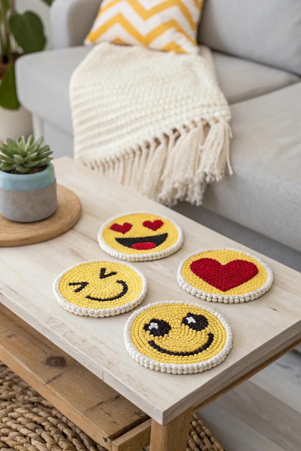 Add a playful touch to your gatherings with these charming emoji coasters, combining fun and minimalist elegance.