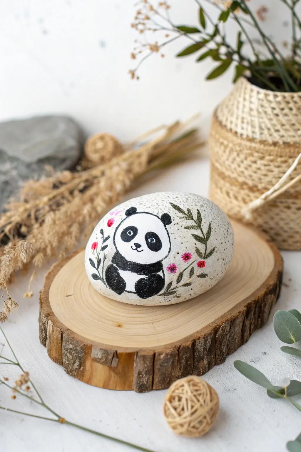 Bring nature indoors with this adorable panda pet rock, a perfect blend of minimalist charm and boho elegance.