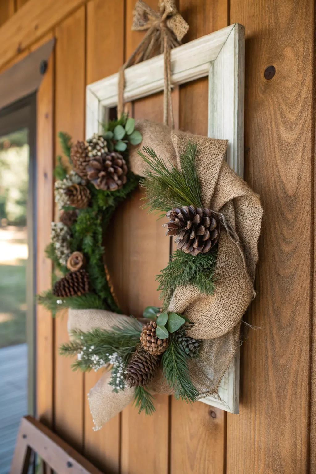 A rustic picture frame wreath brings the warmth of the season indoors.
