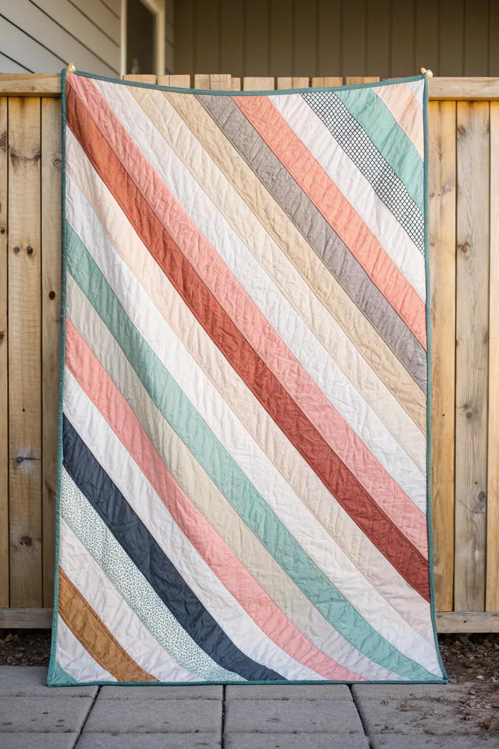 Discover the art of bold, uncentered stripes with this stunning quilt back design. Perfect for adding a modern flair to your crafting projects.